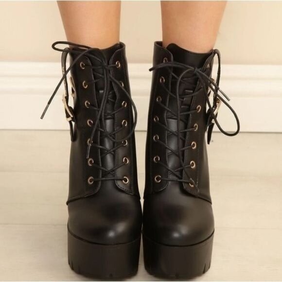 Women's Block Heel‎ Lace Up Botties Black Color - Picture 2 of 5